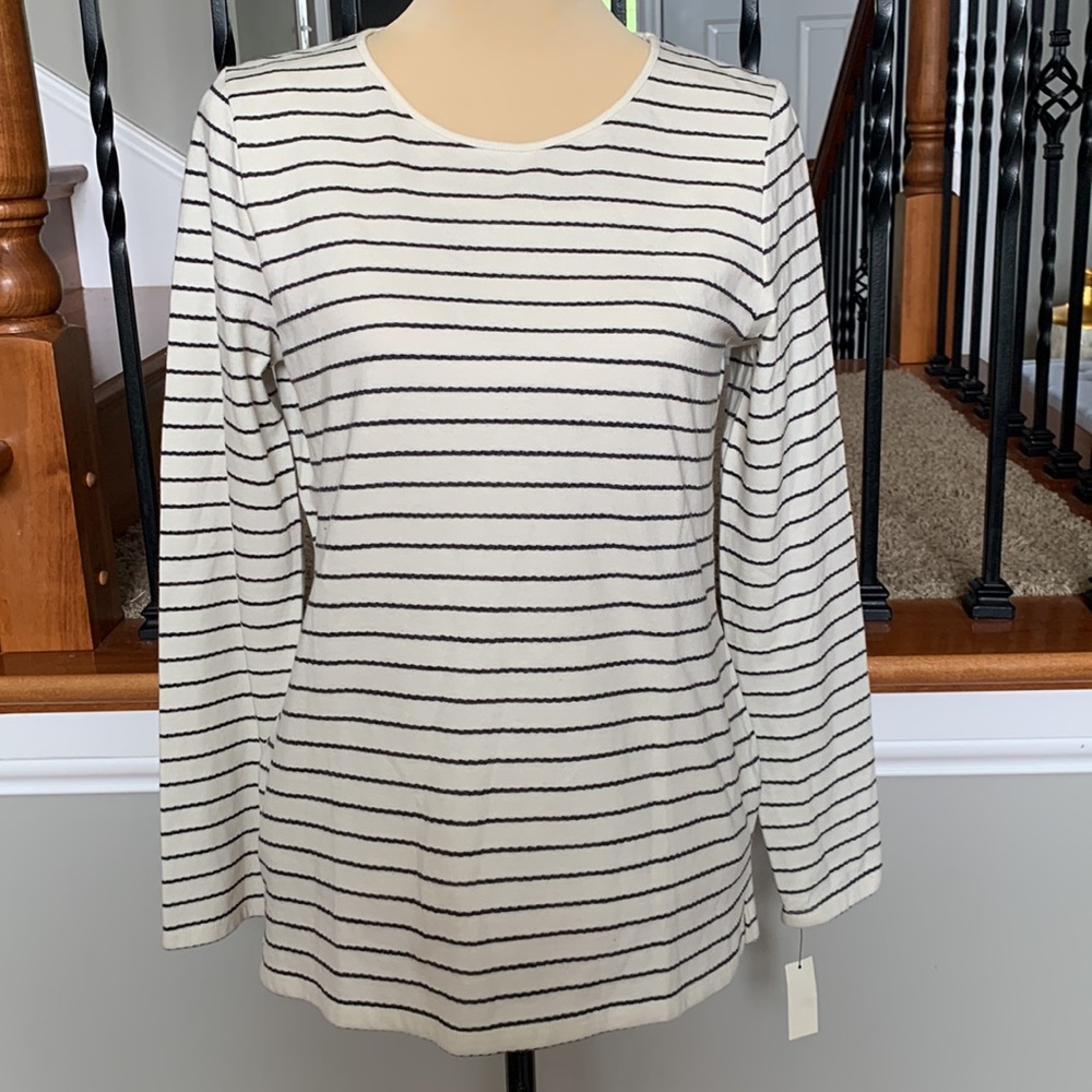 Talbots Black and Ivory striped long sleeve T size S NWT